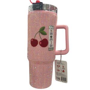40oz Rhinestone Cherry Hydration Cup w/ Cherry Straw Cover Topper